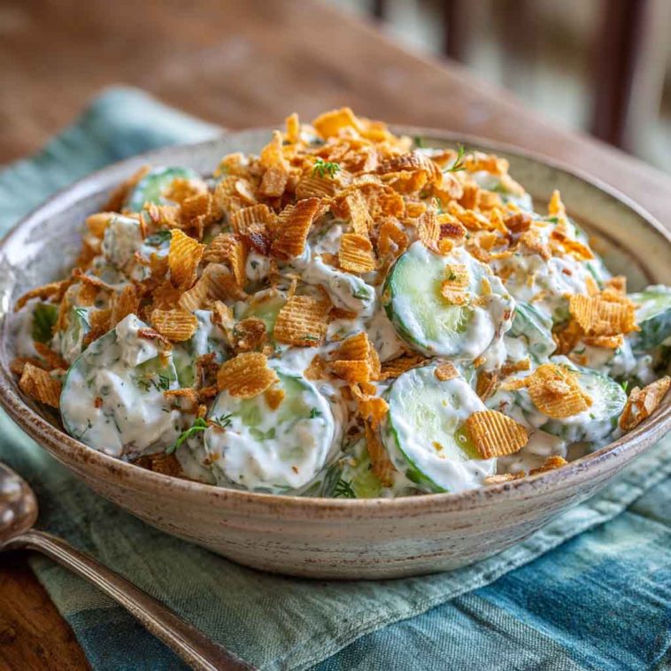 Fresh cucumber ranch crack salad with crisp cucumbers, creamy ranch dressing, shredded cheese, and crunchy bacon bits served in a bowl.