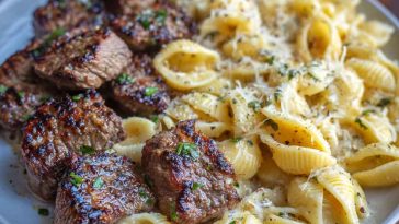 “Garlic butter steak bites served alongside pasta shells coated in creamy Parmesan Alfredo sauce, garnished with parsley.”
