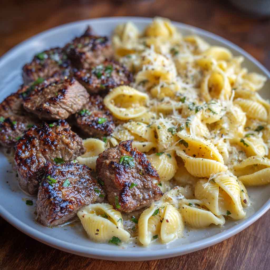 “Garlic butter steak bites served alongside pasta shells coated in creamy Parmesan Alfredo sauce, garnished with parsley.”