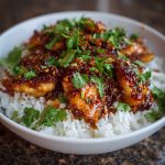 “Plate of glazed honey chili crisp chicken served over fluffy basmati rice, garnished with sesame seeds and scallions.”