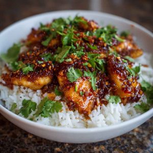 “Plate of glazed honey chili crisp chicken served over fluffy basmati rice, garnished with sesame seeds and scallions.”