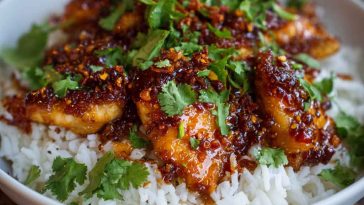 “Plate of glazed honey chili crisp chicken served over fluffy basmati rice, garnished with sesame seeds and scallions.”