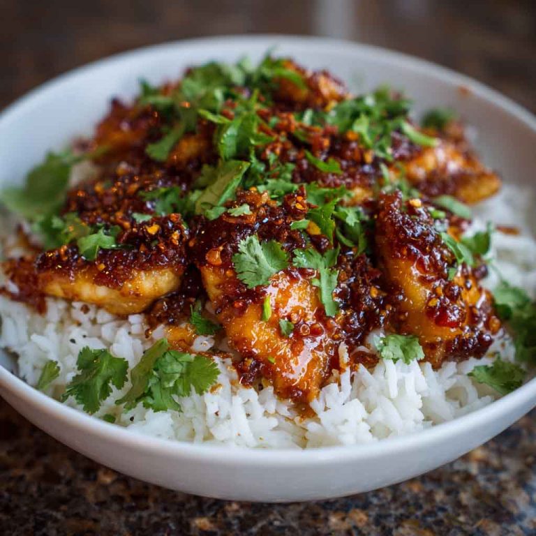 “Plate of glazed honey chili crisp chicken served over fluffy basmati rice, garnished with sesame seeds and scallions.”