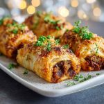 Golden puff pastry sausage rolls baked to perfection, flaky crust with savory sausage filling.