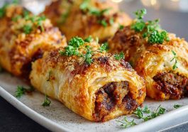 Golden puff pastry sausage rolls baked to perfection, flaky crust with savory sausage filling.
