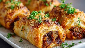 Golden puff pastry sausage rolls baked to perfection, flaky crust with savory sausage filling.
