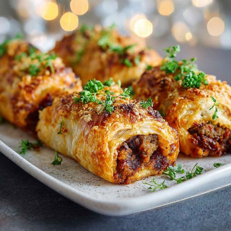 Golden puff pastry sausage rolls baked to perfection, flaky crust with savory sausage filling.