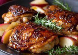 Sticky apple cider chicken served with golden crisp topping, sweet-savory glaze, and cozy fall flavors.