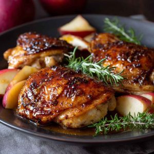 Sticky apple cider chicken served with golden crisp topping, sweet-savory glaze, and cozy fall flavors.