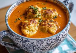Bowl of homemade tomato soup topped with fluffy cheddar bay dumplings and fresh herbs.