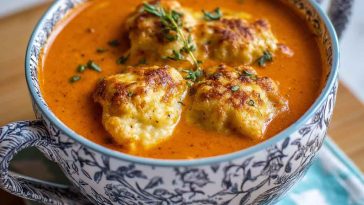 Bowl of homemade tomato soup topped with fluffy cheddar bay dumplings and fresh herbs.