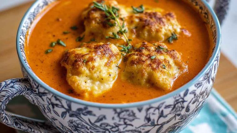 Bowl of homemade tomato soup topped with fluffy cheddar bay dumplings and fresh herbs.