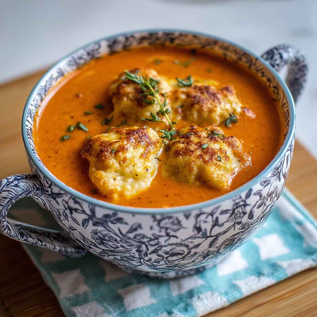 Bowl of homemade tomato soup topped with fluffy cheddar bay dumplings and fresh herbs.
