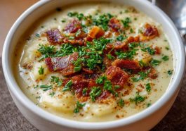 Bowl of creamy garlic potato soup garnished with fresh herbs and crusty bread on the side.