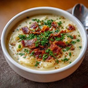 Bowl of creamy garlic potato soup garnished with fresh herbs and crusty bread on the side.
