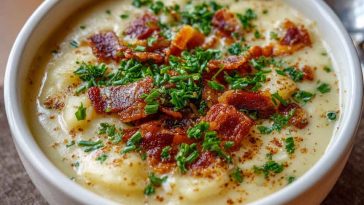 Bowl of creamy garlic potato soup garnished with fresh herbs and crusty bread on the side.