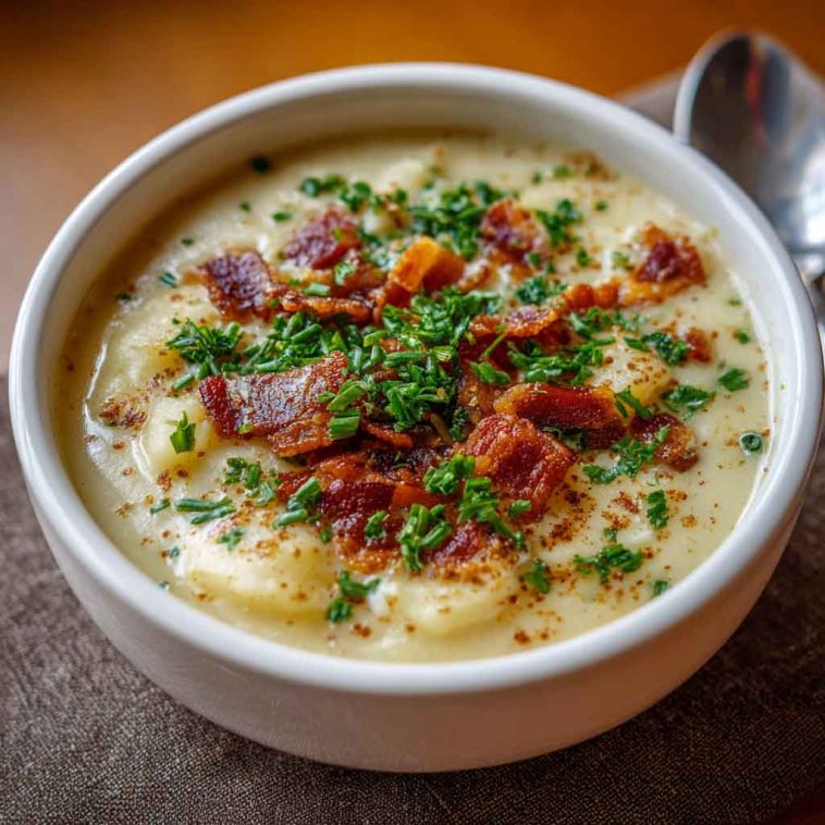 Bowl of creamy garlic potato soup garnished with fresh herbs and crusty bread on the side.