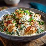 Turkish chicken served with creamy white sauce, tender grilled chicken pieces topped with rich, savory cream.