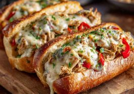 Juicy chicken Philly cheese steaks loaded with sautéed peppers, onions, and melted provolone in a toasted hoagie roll.