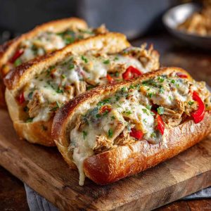 Juicy chicken Philly cheese steaks loaded with sautéed peppers, onions, and melted provolone in a toasted hoagie roll.