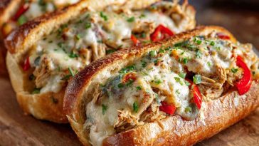 Juicy chicken Philly cheese steaks loaded with sautéed peppers, onions, and melted provolone in a toasted hoagie roll.
