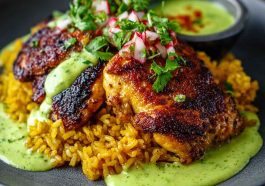 "Peruvian chicken and rice served with vibrant green sauce, garnished with fresh cilantro and lime wedges."