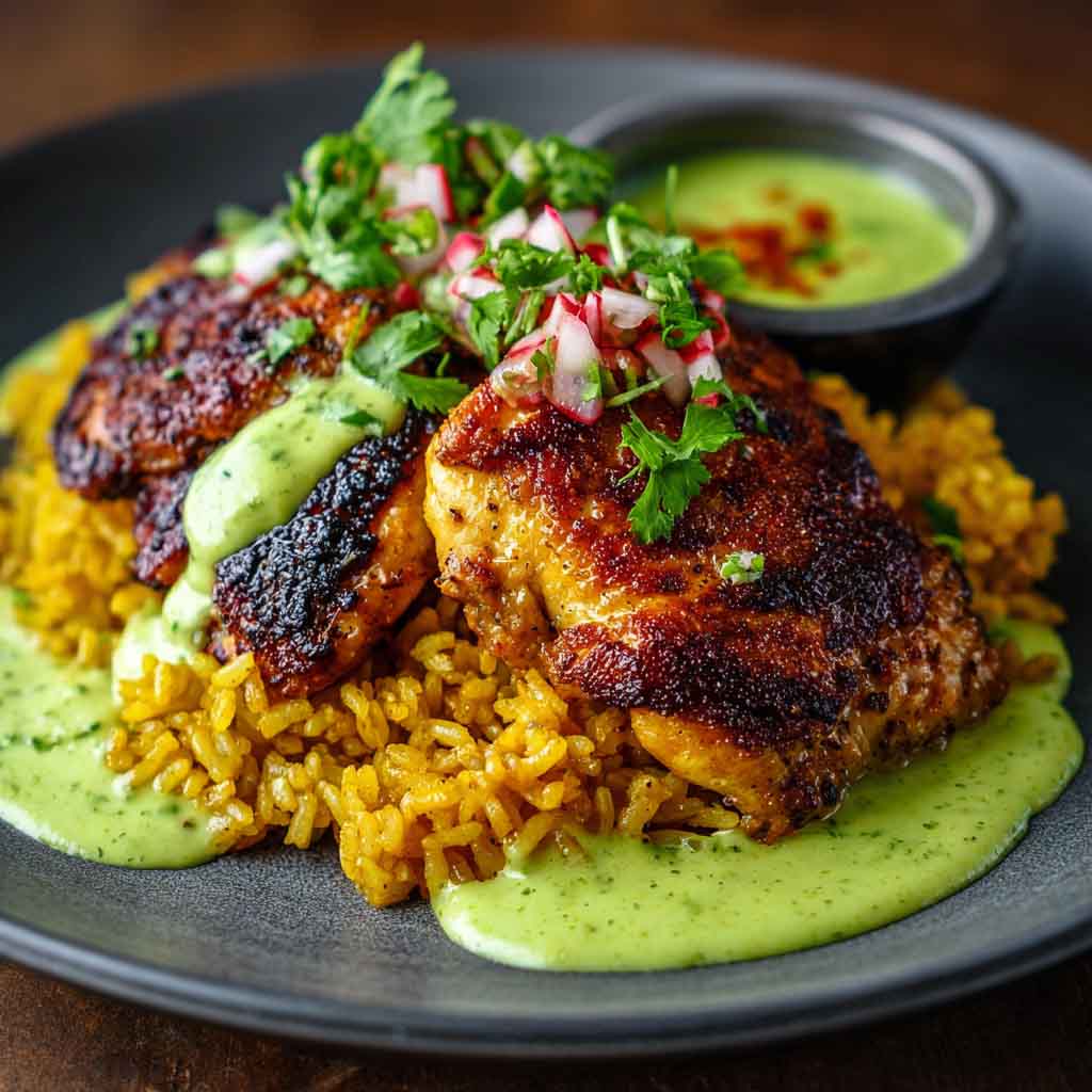 "Peruvian chicken and rice served with vibrant green sauce, garnished with fresh cilantro and lime wedges."