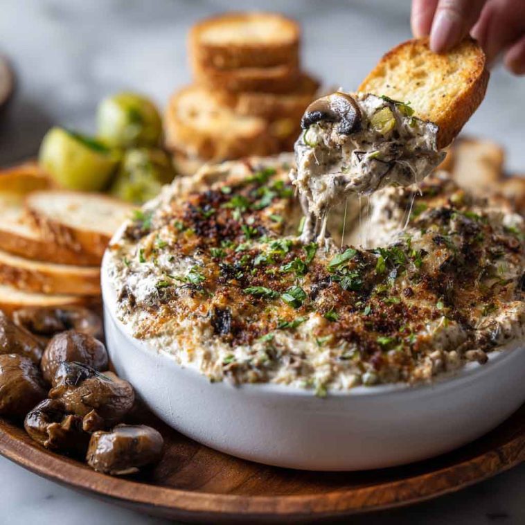 “Golden, cheesy stuffed mushroom dip served in a skillet, topped with herbs and bubbling Parmesan.”