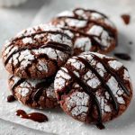Stack of chocolate crinkle cookies dusted with powdered sugar on a festive plate.