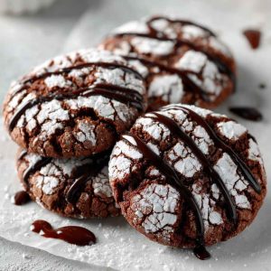 Stack of chocolate crinkle cookies dusted with powdered sugar on a festive plate.