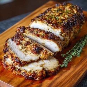 “A golden-brown herb crusted pork loin sliced and served on a rustic wooden board with fresh rosemary and garlic.”