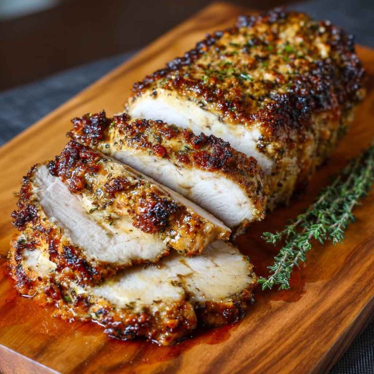“A golden-brown herb crusted pork loin sliced and served on a rustic wooden board with fresh rosemary and garlic.”