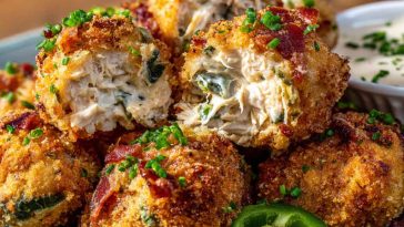 “Golden baked jalapeño popper chicken bites stuffed with cream cheese, cheddar, and crispy bacon on a serving platter.”