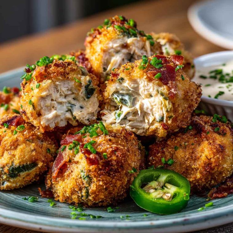 “Golden baked jalapeño popper chicken bites stuffed with cream cheese, cheddar, and crispy bacon on a serving platter.”
