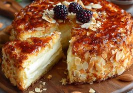 “A golden German bee sting cake topped with caramelized almonds and filled with creamy custard.”