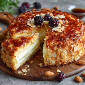 “A golden German bee sting cake topped with caramelized almonds and filled with creamy custard.”