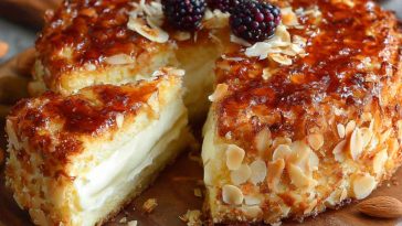“A golden German bee sting cake topped with caramelized almonds and filled with creamy custard.”