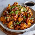 “Crispy baked cauliflower florets coated in spicy Korean-style gochujang sauce, garnished with sesame seeds and green onions.”