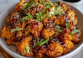 “Crispy baked cauliflower florets coated in spicy Korean-style gochujang sauce, garnished with sesame seeds and green onions.”