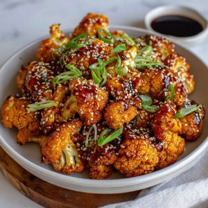 “Crispy baked cauliflower florets coated in spicy Korean-style gochujang sauce, garnished with sesame seeds and green onions.”