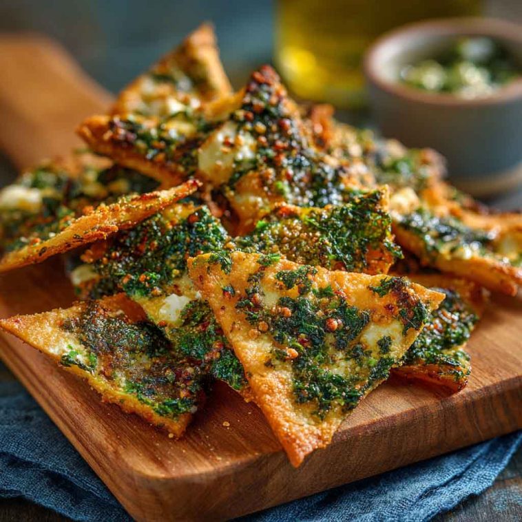 "Crispy Mediterranean spinach and feta crisps baked golden brown, filled with creamy feta and fresh spinach."