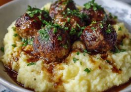 Salisbury steak meatballs served over garlic herb mashed potatoes with rich brown gravy.