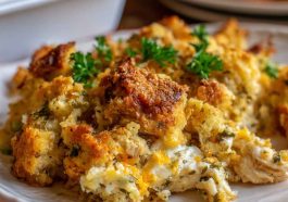 Golden chicken and stuffing casserole baked in a rustic dish.