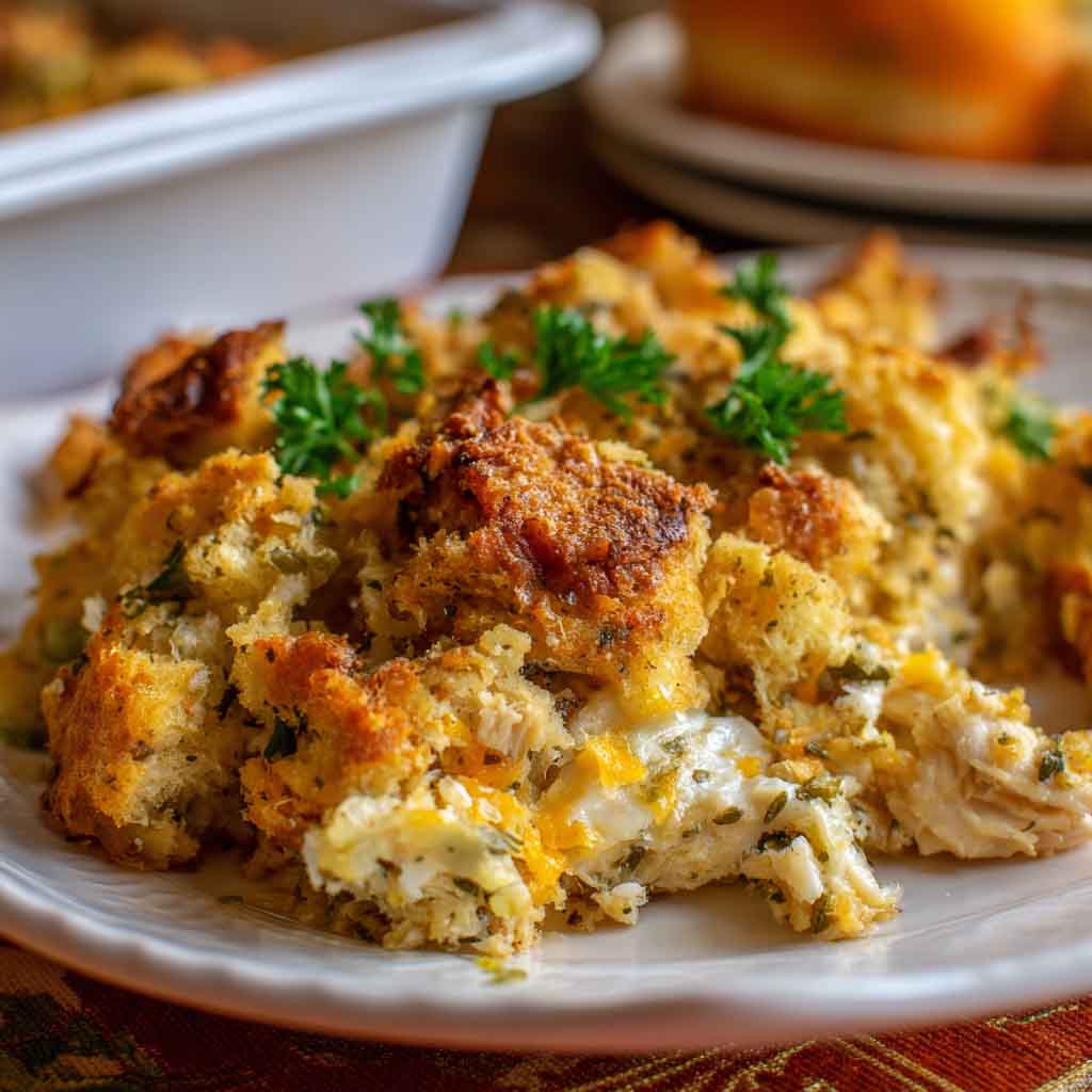 Golden chicken and stuffing casserole baked in a rustic dish.