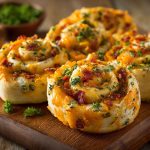 “Cheddar bacon ranch pinwheels sliced into bite-sized spirals, filled with creamy ranch, melted cheddar, and crispy bacon.”