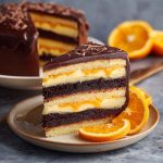 “A rich chocolate orange layer cake with moist layers, creamy frosting, and orange zest garnish.”