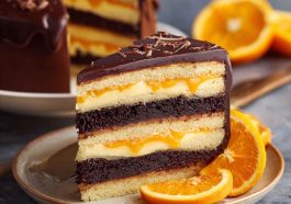 “A rich chocolate orange layer cake with moist layers, creamy frosting, and orange zest garnish.”