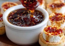 Quick pepper jelly cream cheese appetizer dip and bite-sized snacks served on crackers.