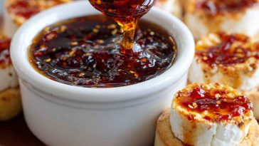 Quick pepper jelly cream cheese appetizer dip and bite-sized snacks served on crackers.