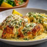 Golden lemon chicken Romano topped with Parmesan cheese, served with fresh herbs and a zesty lemon sauce.